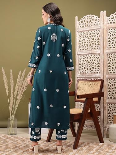 Ada Hand Embroidered Lucknowi Chikankari Cotton Kurta and Pant Set for Women A811260 Peacock Blue (XL)