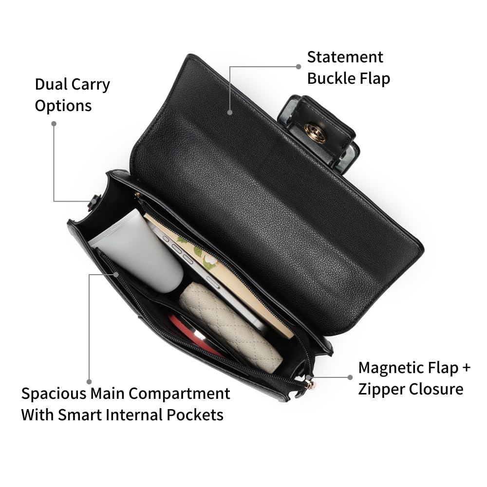 Fastrack Boldlock Satchel Bag | Women’s Faux-Leather Handbag | Top Handle & Detachable Strap | Magnetic Flap + Zipper Closure | Everyday Casual & Work Carry