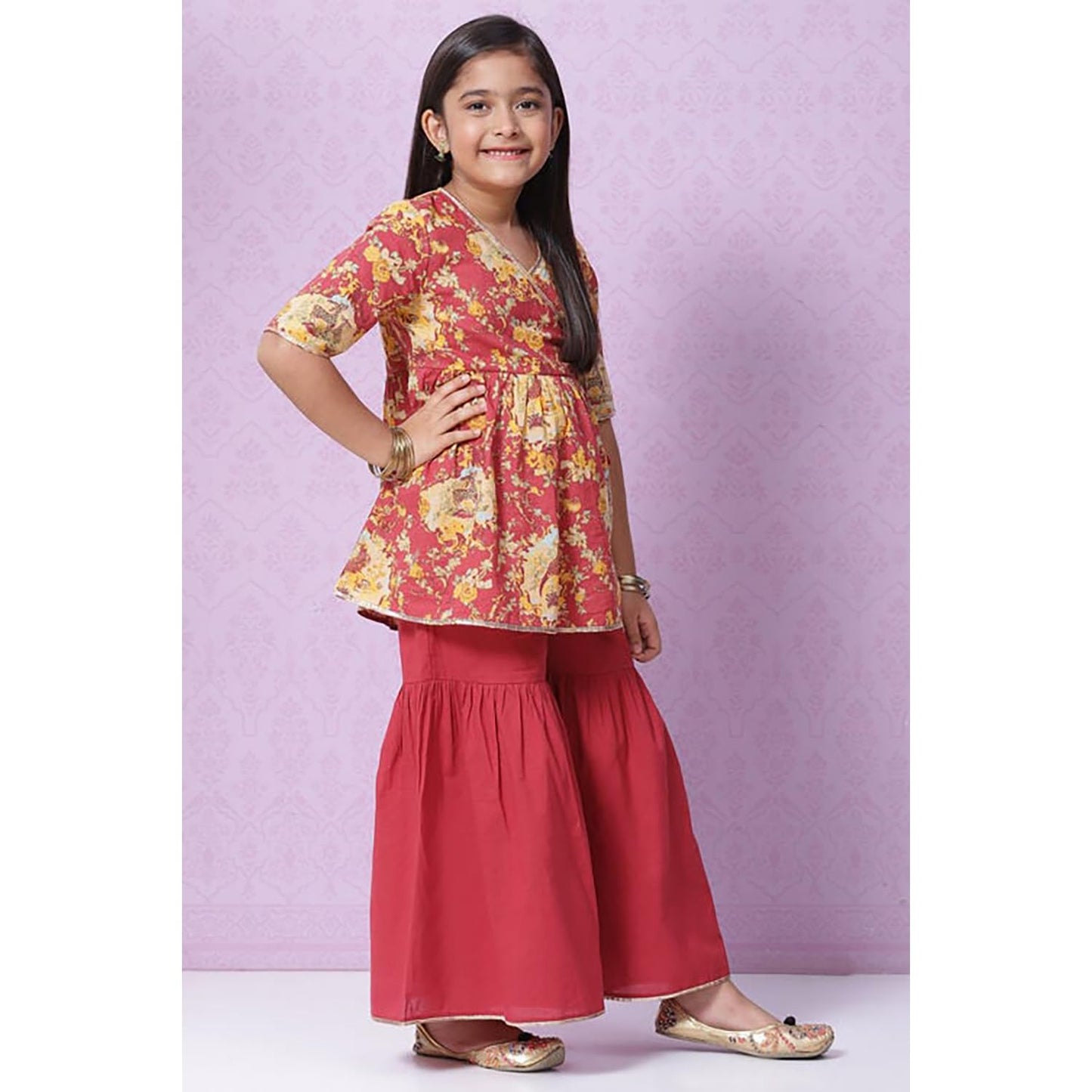 BIBA Girls Cotton Flared Printed Suit Set (KW5028EAW22RED_Red_4 5 Years)