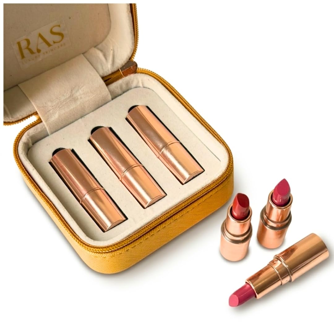 RAS Luxury Oils Lumiere Satin Matte Mini Lipstick Set of 3 for women | Long Lasting Hydrating Satin Matte Lipsticks | Creamy Pigmented Mini Lipstick Trio | Travel Size Lipstick Set for women | Lightweight Lipstick