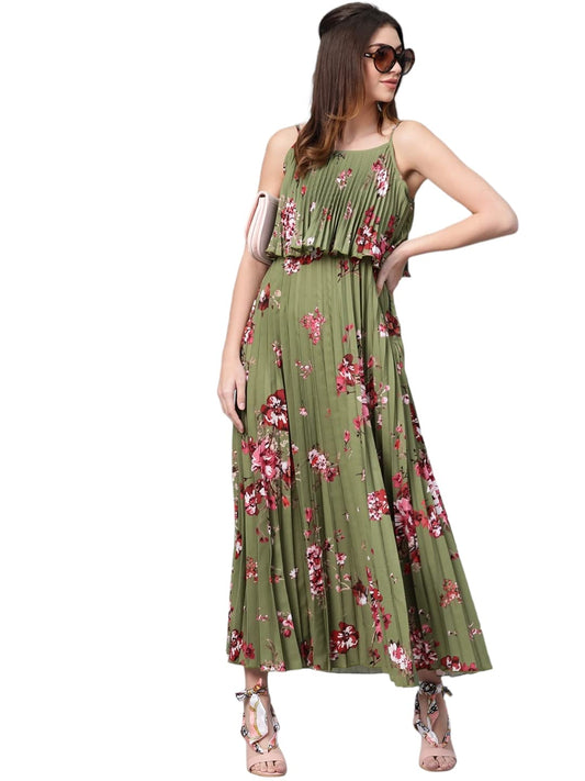 SASSAFRAS Olive Floral Strappy Pleated Maxi Dress