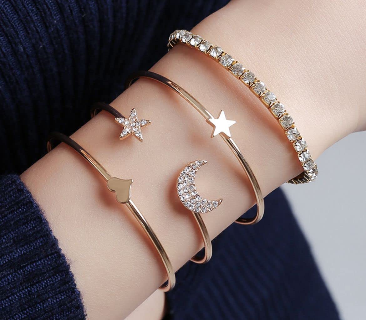 Fashion Frill Bracelet For Women Star Moon Design AD Studded Multi Layered Gold Plated Cuff Bangle Bracelet For Women Girls Stackable Bracelet Womens Jewellery