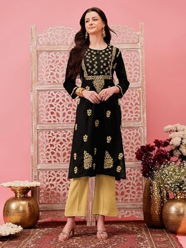 Ada Hand Embroidered Lucknowi Chikankari Cotton Kurti Kurta for Women A411773 Black & Fawn (4XL)