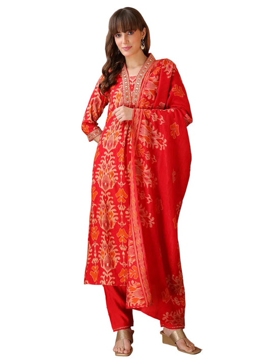 NIVANA Embroidered & Printed Kurta with Pant & coordinated Dupatta|Red|L