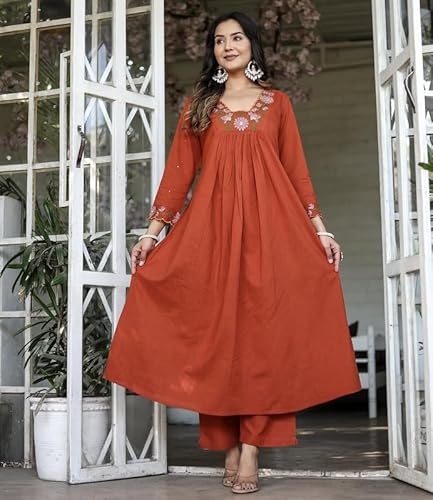 AVYUKTHA | Women Floral Embroidered Tiered Kurta with Palazzos & Dupatta |Work Ethnic Set for Festive, Casual & Party | Orange | Size- M