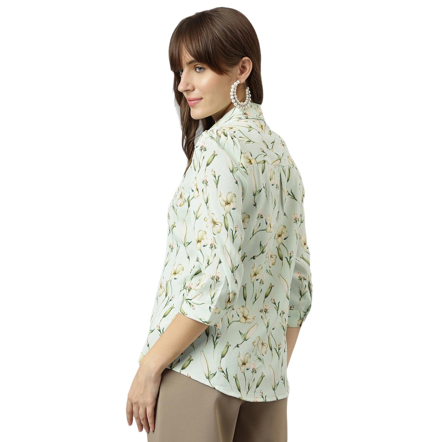 Latin Quarters Women Green Spread Collar Three-Quarter Sleeves Printed Shirt for Casual Wear_XL