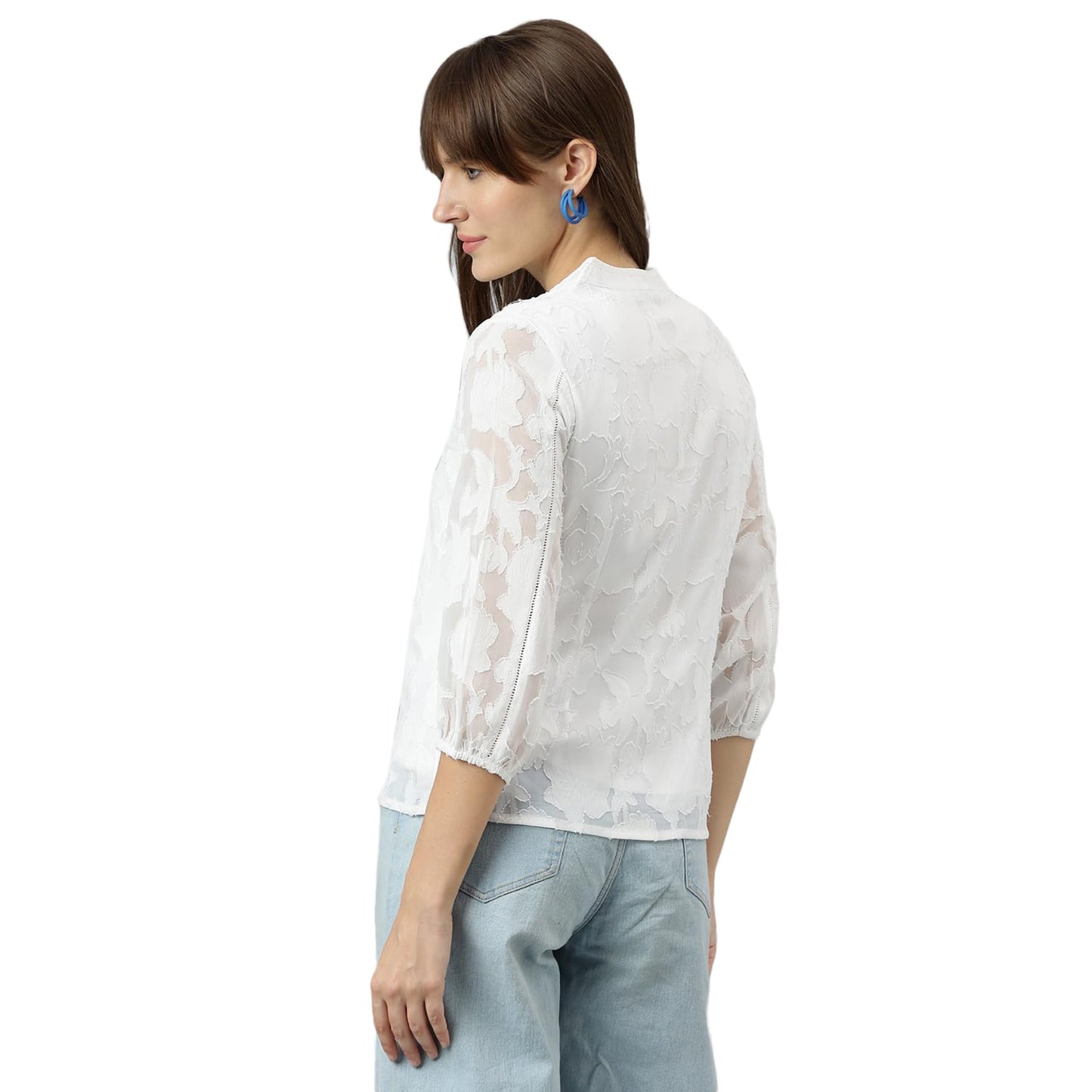 Latin Quarters Women White Mandarin Collar Three-Quarter Sleeves Solid Shirt for Casual Wear_M