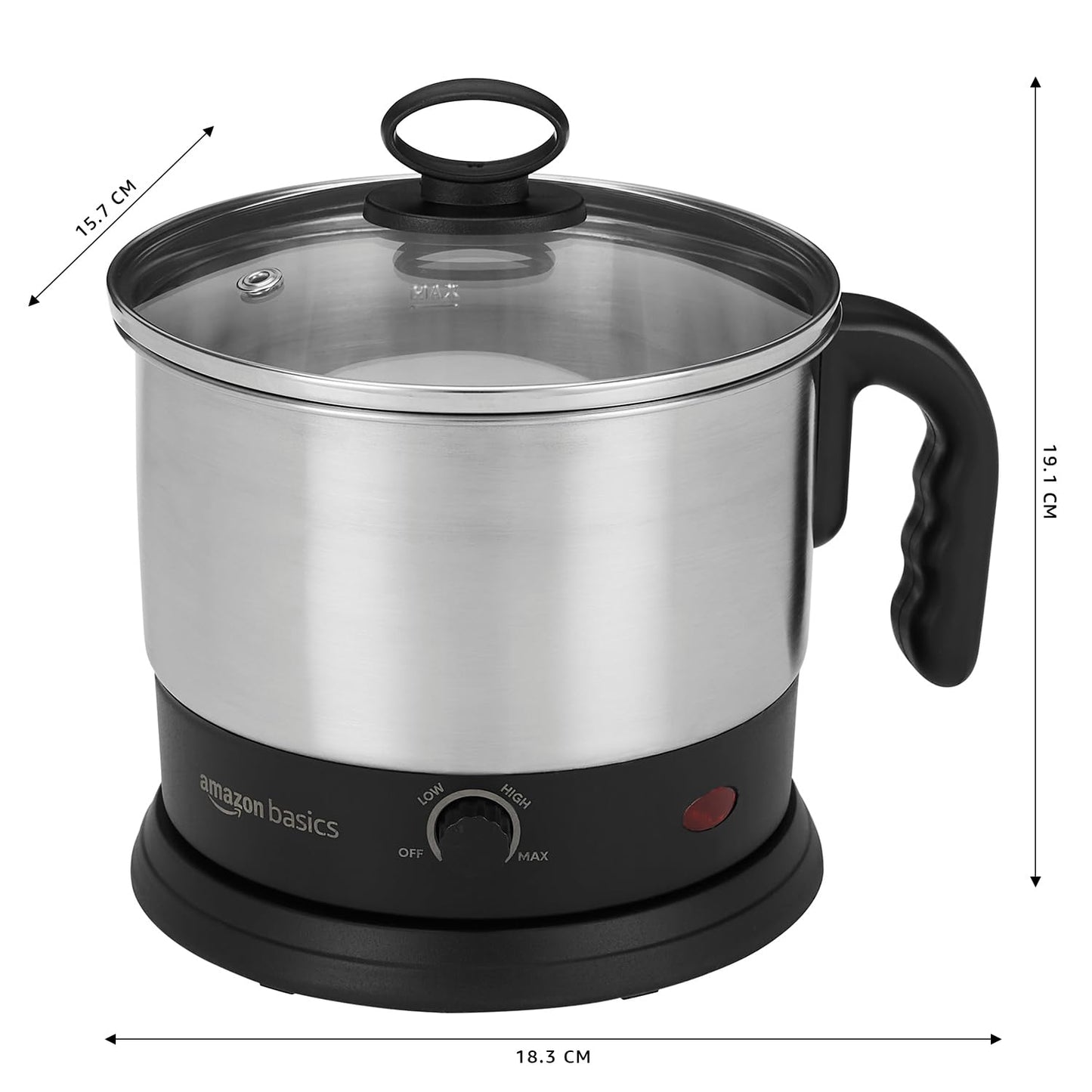 amazon basics Electric Multipurpose Kettle | for boiling Water, Eggs | Making Tea, Coffee| Stainless Steel Body with Automatic Shut-off | 18.3L x 15.7W x 19.1H cm | 1.2 L | 220 Volts | Silver, Black