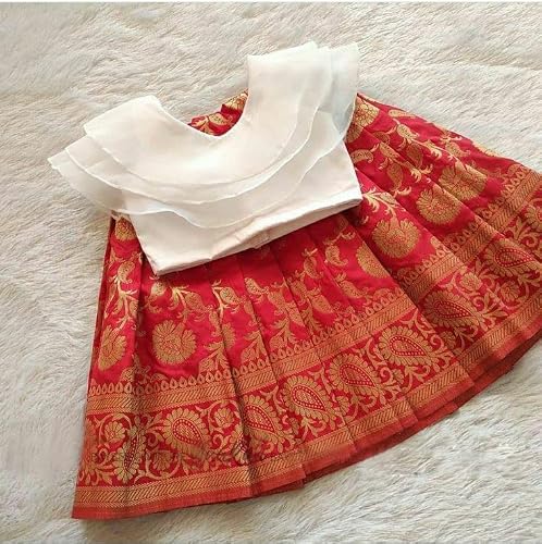 Sashay Boutique Girl's Silk Readymade Lehenga Choli (UFB-2022_Red And White_6 Years-7 Years)