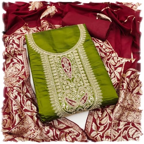 Leeli Peeri Designer Women's Roman Silk Embroidery Work Unstitched Salwar Suit Dress Material