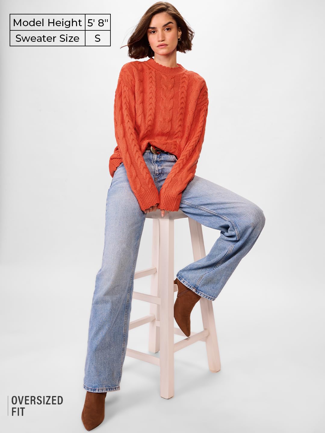 The Souled Store Cable Knit Sweater Originals: Fiery Orange Women Oversized Sweater