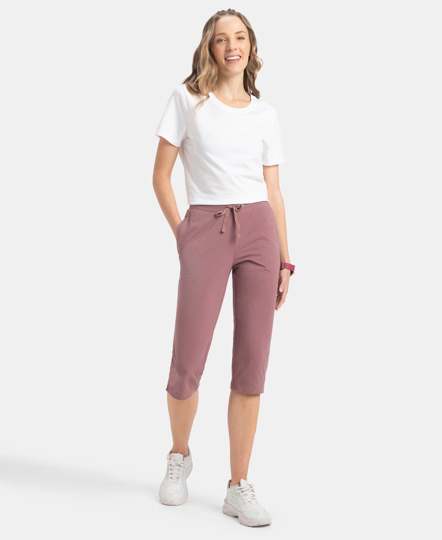 Jockey 1300 Women's Super Combed Cotton Elastane Stretch Slim Fit Capri with Side Pockets_Burnt Rose_XL