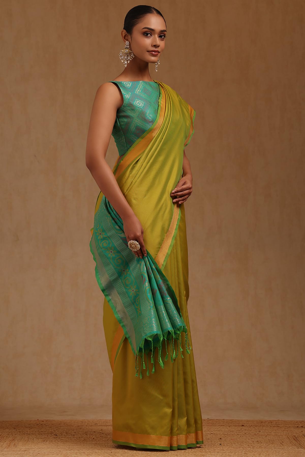 Soch Womens Light Green Silk Blend Solid Saree