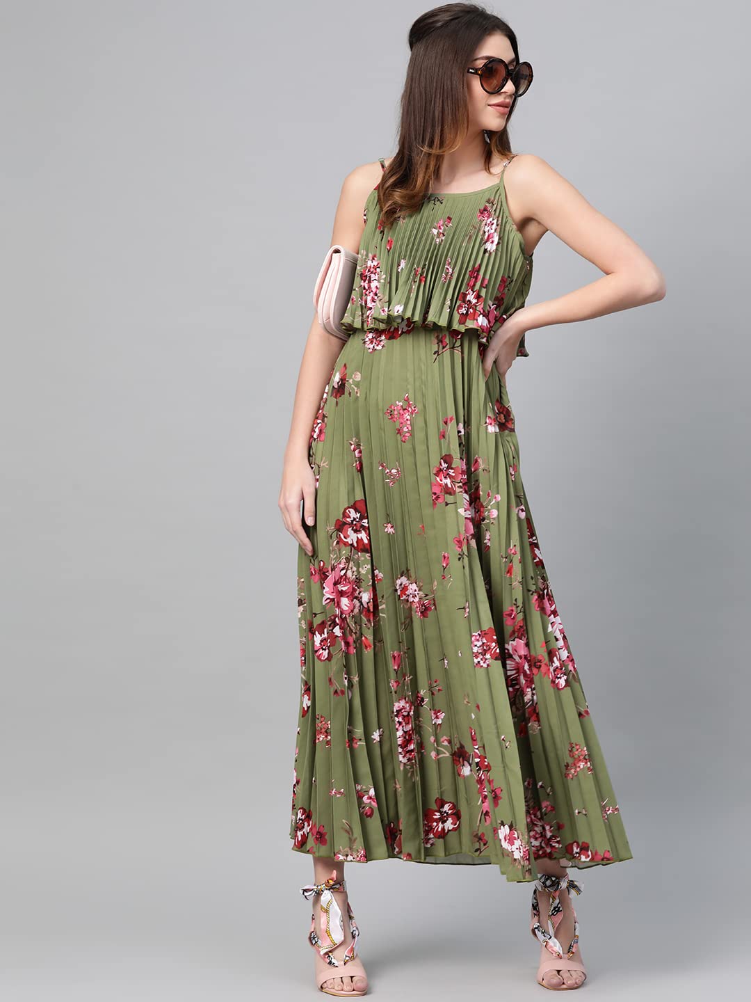 SASSAFRAS Olive Floral Strappy Pleated Maxi Dress