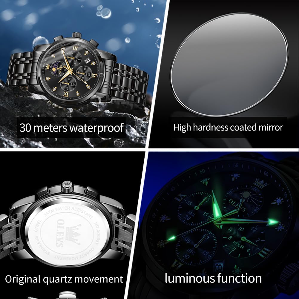 OLEVS Watch for Men Diamond Business Dress Analog Quartz Stainless Steel Waterproof Luminous Date Two Tone Luxury Casual Wrist Watch, black watches 3655, men watch