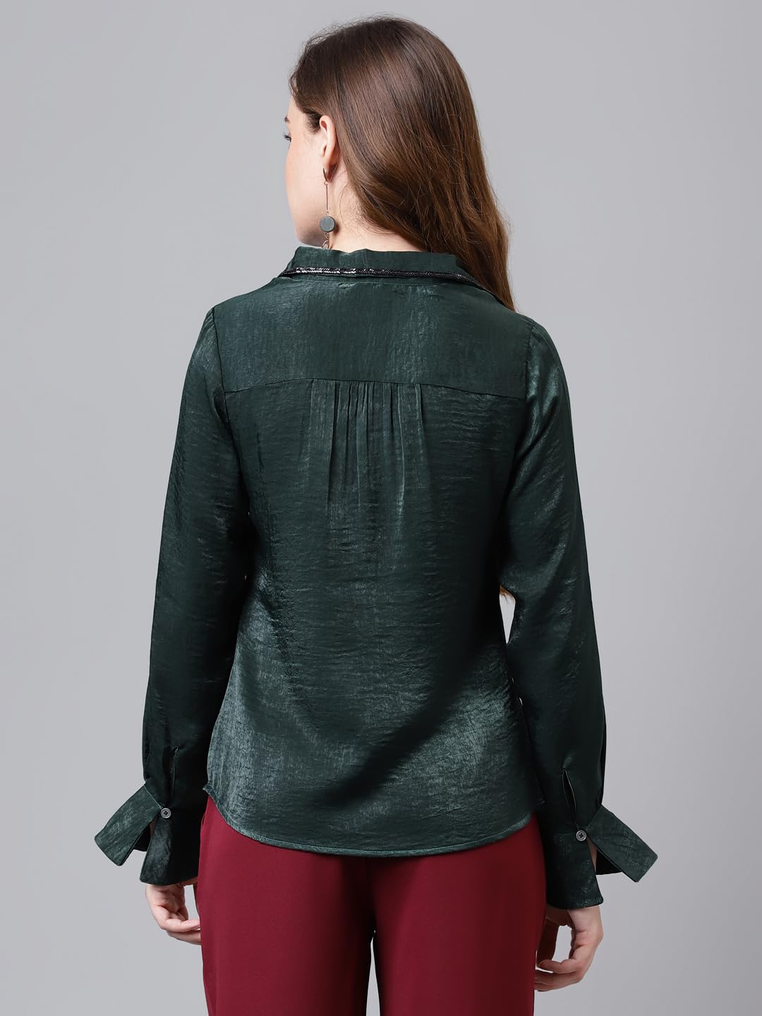 Latin Quarters Women's Green Bottle Full Sleeves Solid/Plain Collar Neck Polyester Top_L