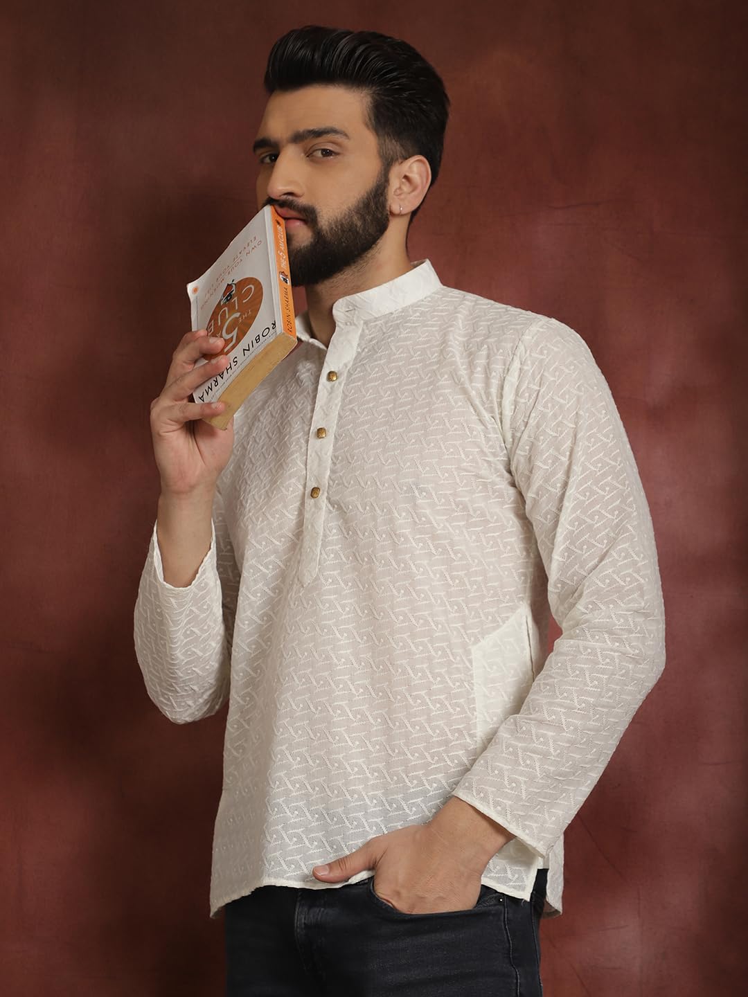 SOJANYA (Since 1958 Men's Cream Pure Chicken Cotton Short Kurta