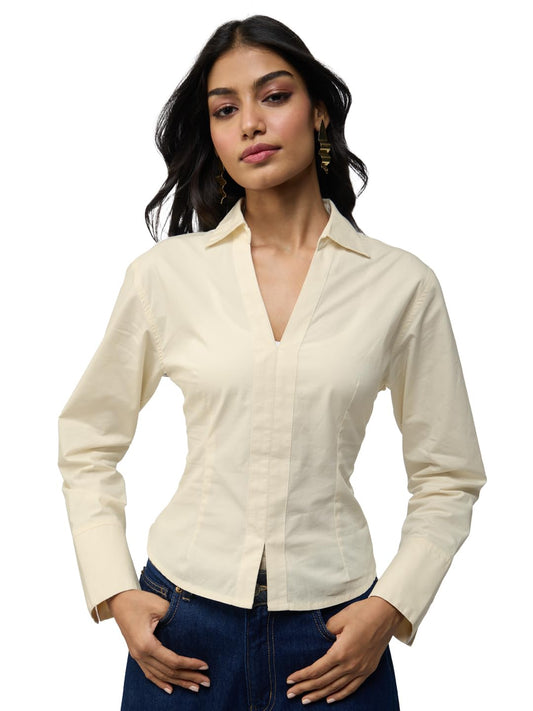 The Souled Store Corset Shirt: Off-White Women and Girls Long Sleeves Collared Neck Button Front Fitted Shirts