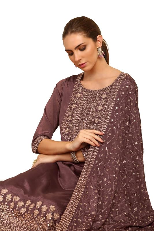 Soch Womens Mauve Yoke Embroidered Chinon Suit Set With Sequins