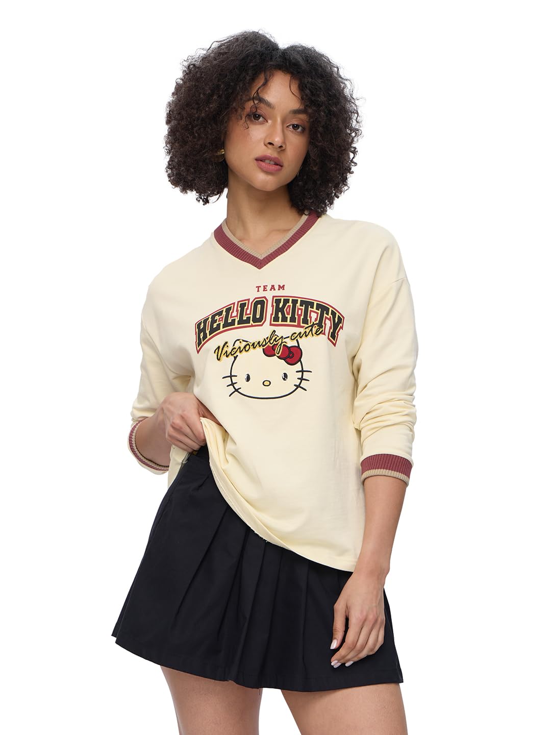 The Souled Store Hello Kitty: Viciously Cute Women and Girls V Neck Off White Graphic Printed Cotton Oversized Full Sleeves Tops
