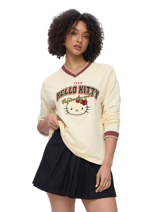 The Souled Store Hello Kitty: Viciously Cute Women and Girls V Neck Off White Graphic Printed Cotton Oversized Full Sleeves Tops