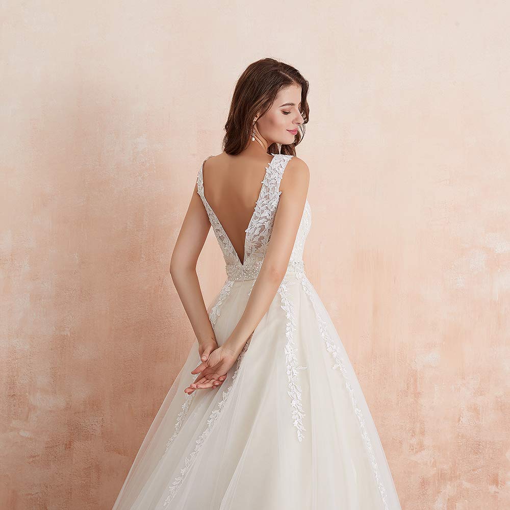 Abaowedding Women's Wedding Dress for Bride Lace Applique Evening Dress V Neck Straps Ball Gowns Ivory US 16