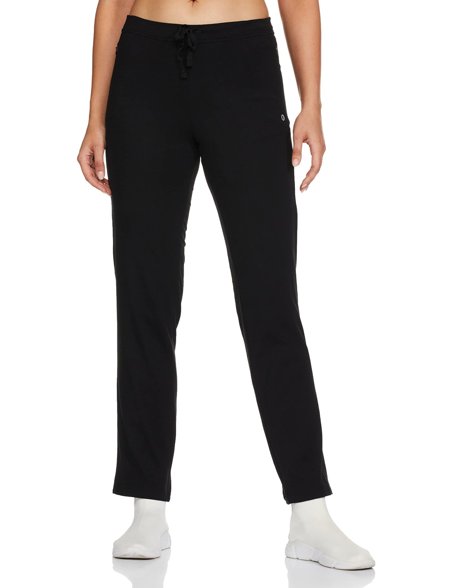 Enamor E014 Mid-Rise Straight Leg Lounge Pants for Women with Adjustable Drawstring and Zipper Pockets(E014_JET BLACK_M)