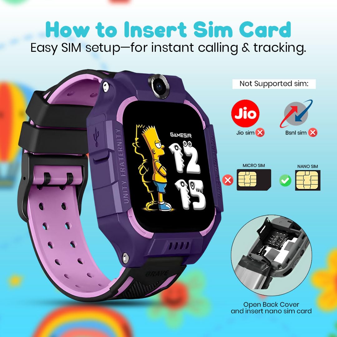 GameSir Q18 Kids Smart Watch, 2G/3G Connectivity, Voice Calling, GPS Tracker, Two-Way Calling, SOS Function, Camera & Water Rasistence, Smartwatch for Kids - Boys & Girls - (Purple)