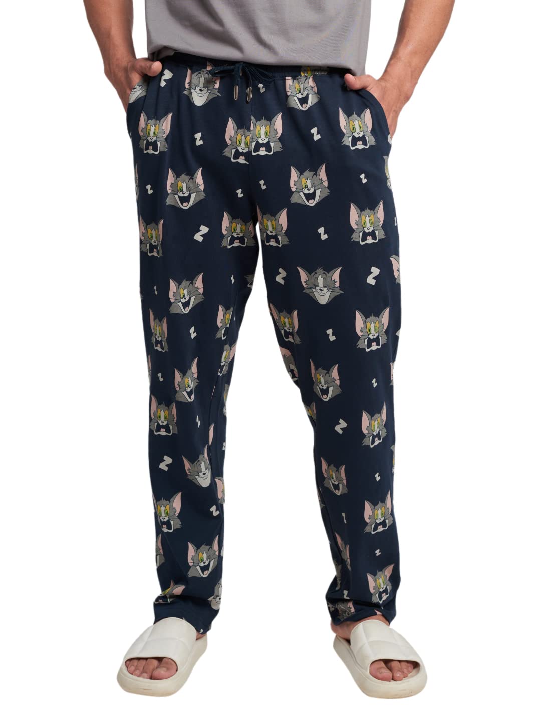 The Souled Store Men Official Tom and Jerry: Don't Wake Me Up Navy Blue Printed Pajamas