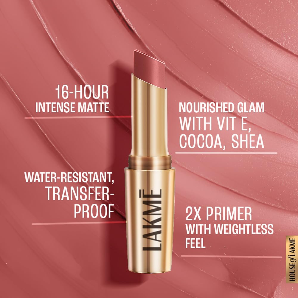 LAKMÉ Powerplay Priming Smooth Matte Finish Lightweight Lipstick, Smudgeproof, Lasts 16hrs, Hydrates Lips, Blushing Nude, 3.6g