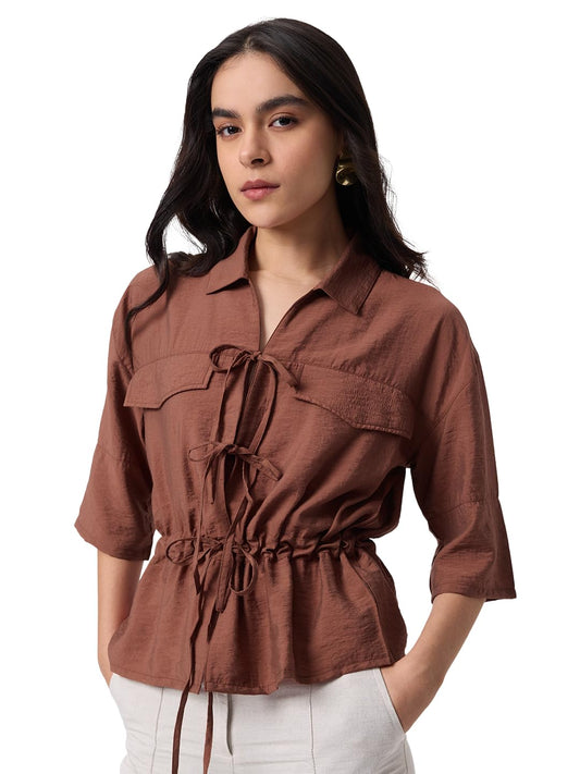 The Souled Store Cocoa Dust: Women and Girls Half Sleeves Spread Collar Brown Solid Viscose Nylon Regular Fit Comfortable All-Season Casual Wear Shirt