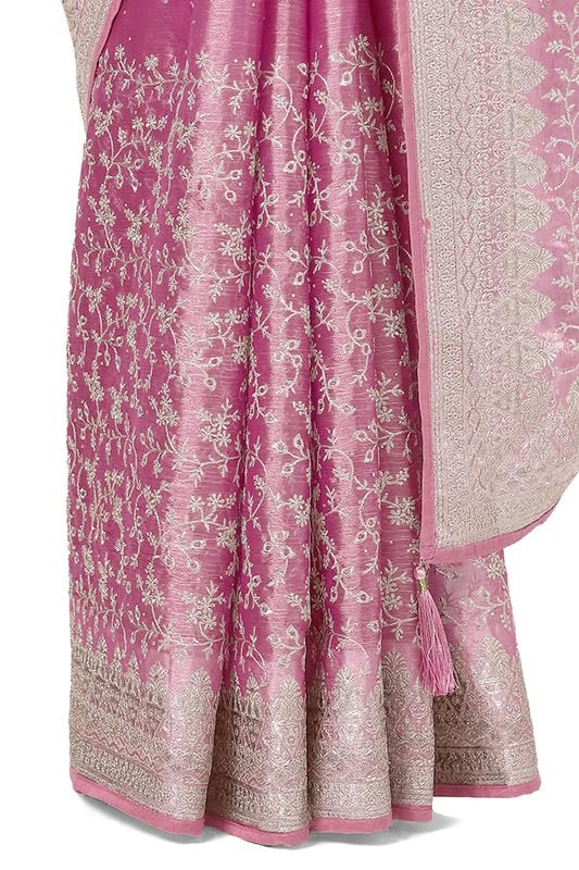 Soch Womens Onion Pink Organza Embroidered Saree With Stone Work