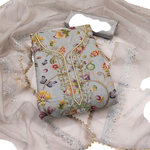 VARNI FABRICS Organza Dress Material for Women Floral Unstitched Woman Salwar Suit Dress Material With Organza Dupatta Pastel Pink