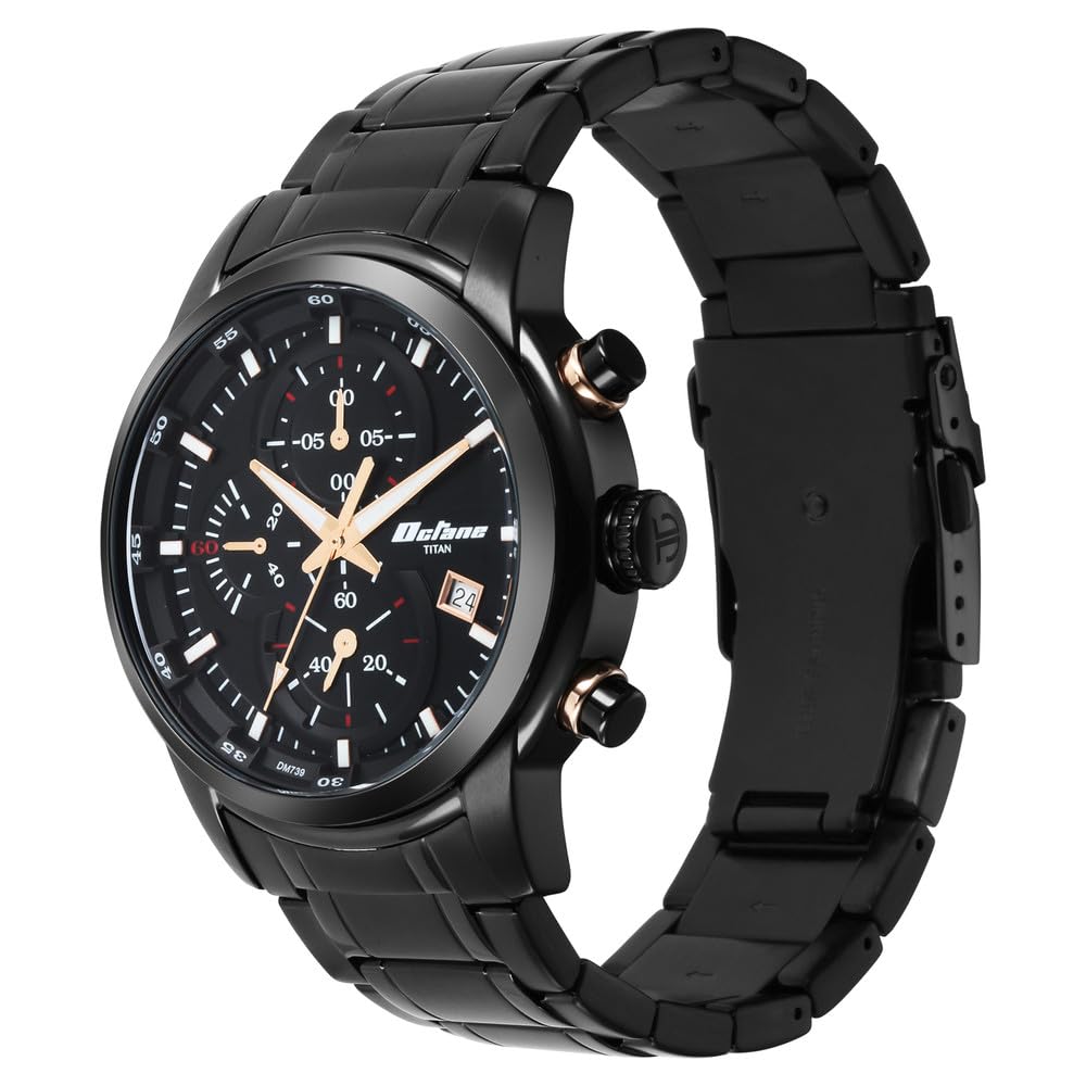 Titan Octane Quartz Chronograph with Date Black Dial Black Stainless Steel Strap Watch for Men - NT90086KM05