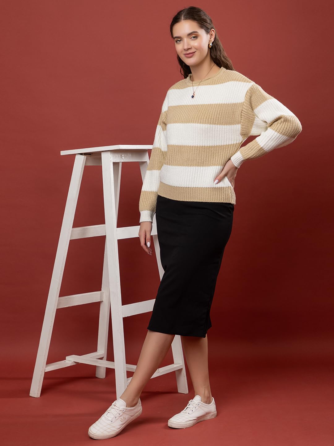 Style Dusk Womens 100% Wool Color Block Stripe Full Sleeve Round Neck Pullover Sweater for Winter Season (in, Alpha, M, Camel)