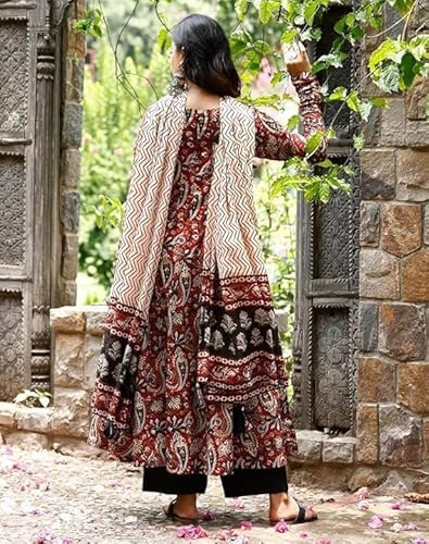 Avayayat Women's Rayon Blend Anarkali Printed Kurta with Palazzo & Dupatta Set Floral Printed Salwar Suit Set Kurta Pant with Dupatta Kurta Set for Women Black (IN, Alpha, XS, Black)