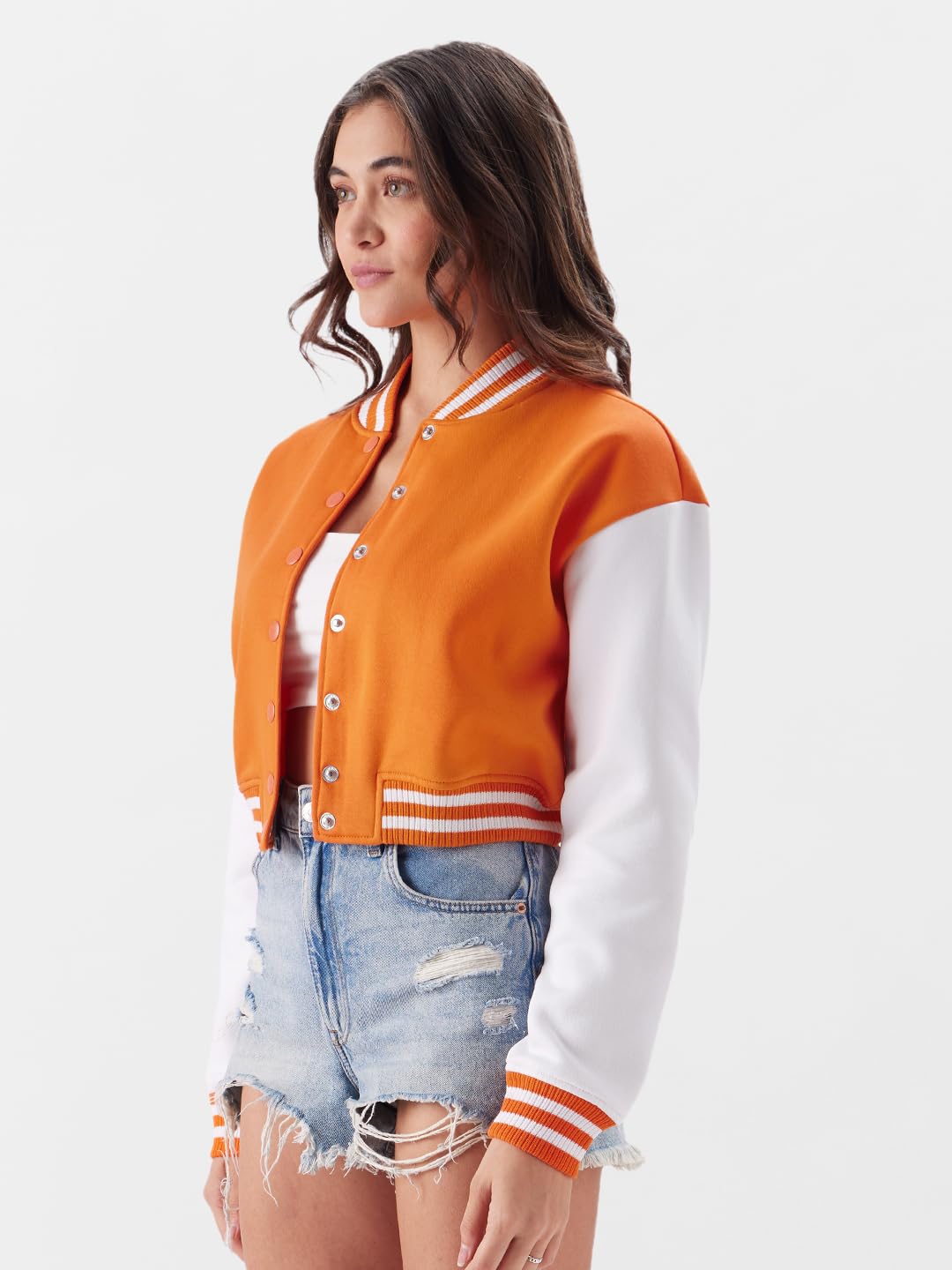 The Souled Store Solids: Blazin Orange, White (Colourblock) Women Varsity Jackets Jackets Winter Coats Outerwear Bomber Puffer Windbreaker Hooded Quilted Lightweight Warm Stylish Fashionable Casual