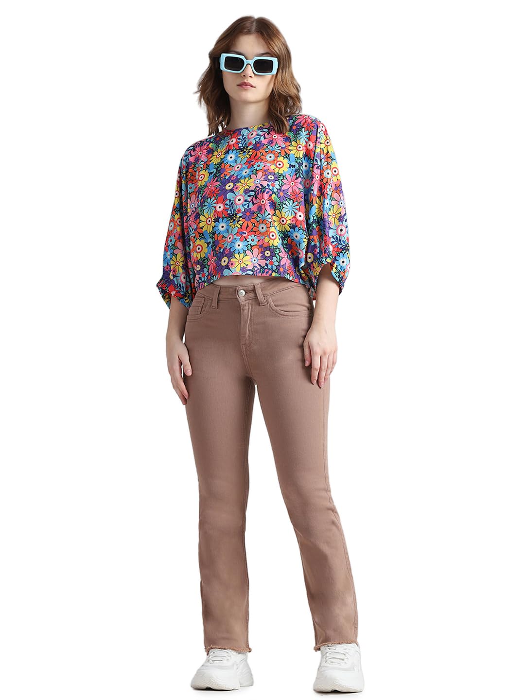 ONLY Women Solid Cotton Flared Fit High Rise Brown Jeans
