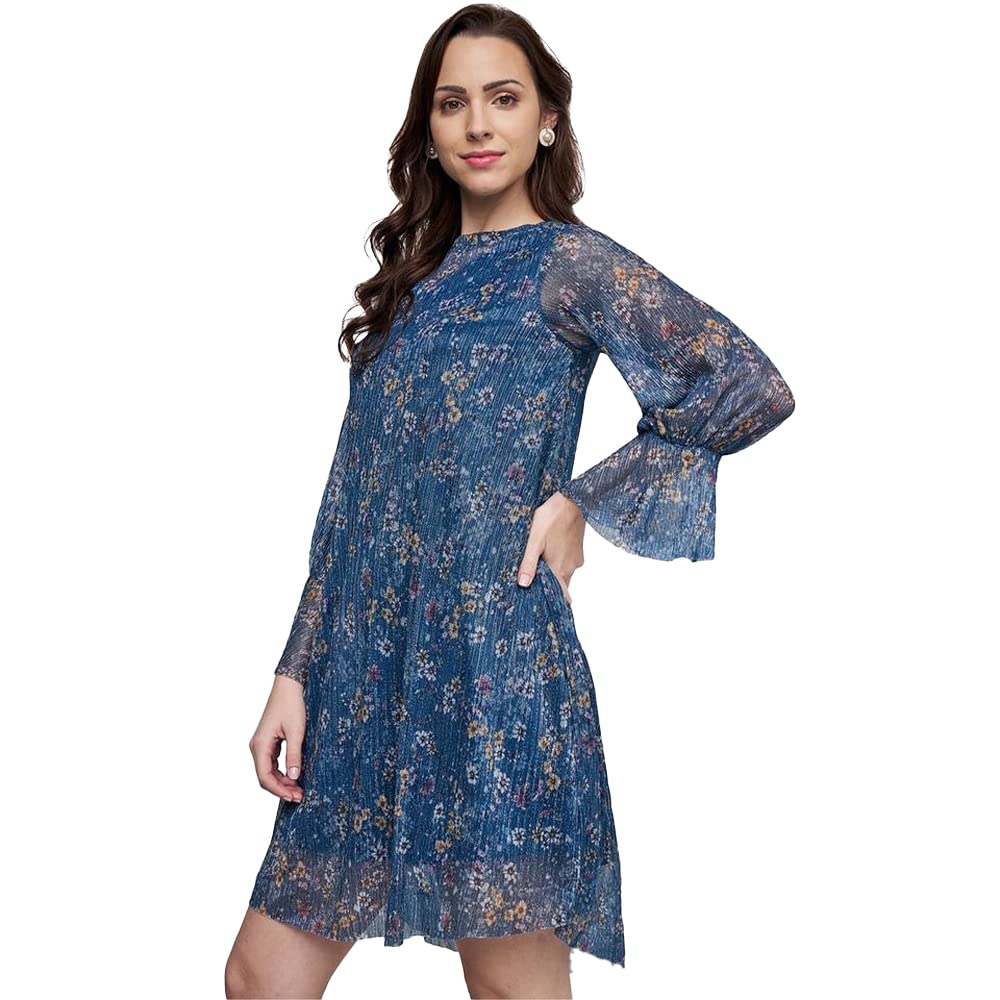 AND Floral Polyester Round Neck Womens Knee Length Dress (Multi, 10) Multicolour