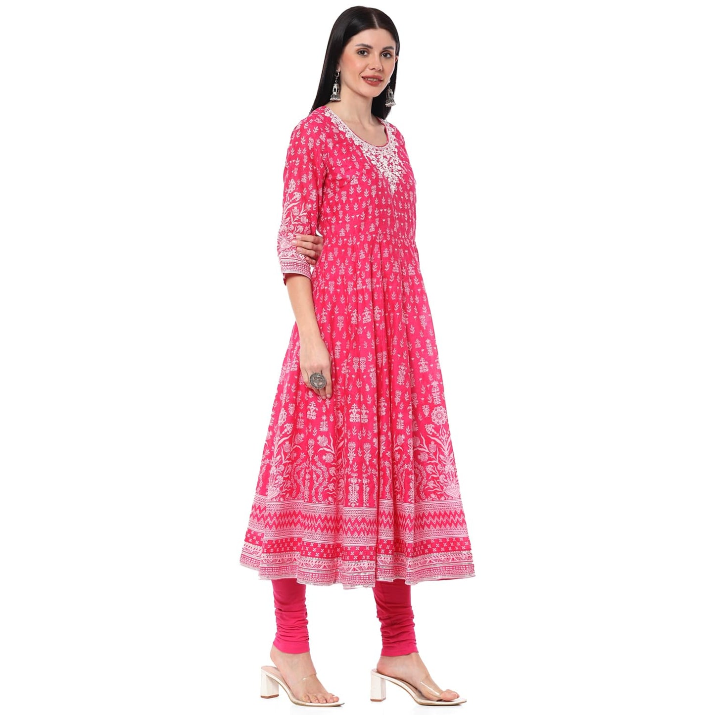 BIBA Women PRINTED ANARKALI SALWAR KURTA DUPATTA(SKDIK RANG9510_FUCHSIA_42)