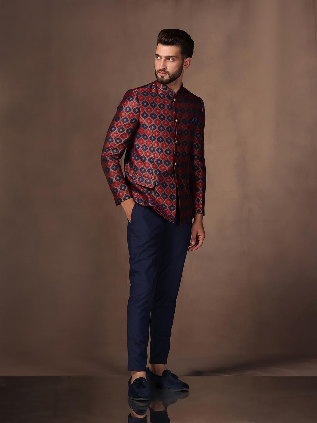 KISAH Mens Jodhpuri Bandhgala Trouser Set Silk Blend Jacquard, Ethnic Wear for Men, Maroon, 40