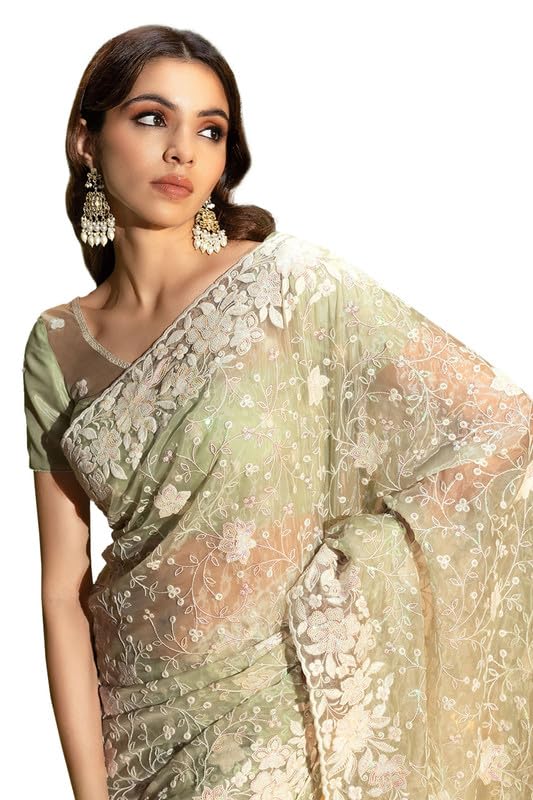 Soch Womens Light Green Organza Embroidered Saree With Sequins Work