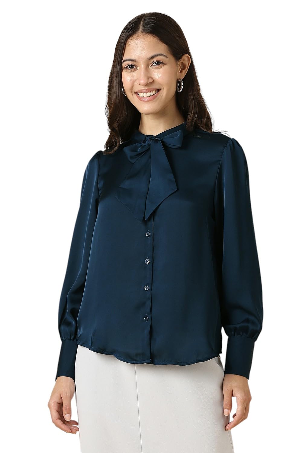 Allen Solly Women's Solid Regular Fit Shirt (AHSFWRGF398397_Navy