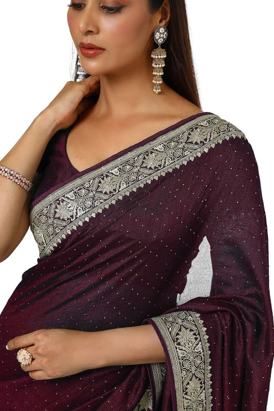 Soch Womens Maroon Zari Embroidery Tussar Saree With Stone Embellish