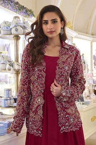 Miss Ethnik Women's Maroon Vichitra Silk Stitched Gown with Jacket Full Sleeve Solid A-Line Gown (ME-1322-Maroon-M)