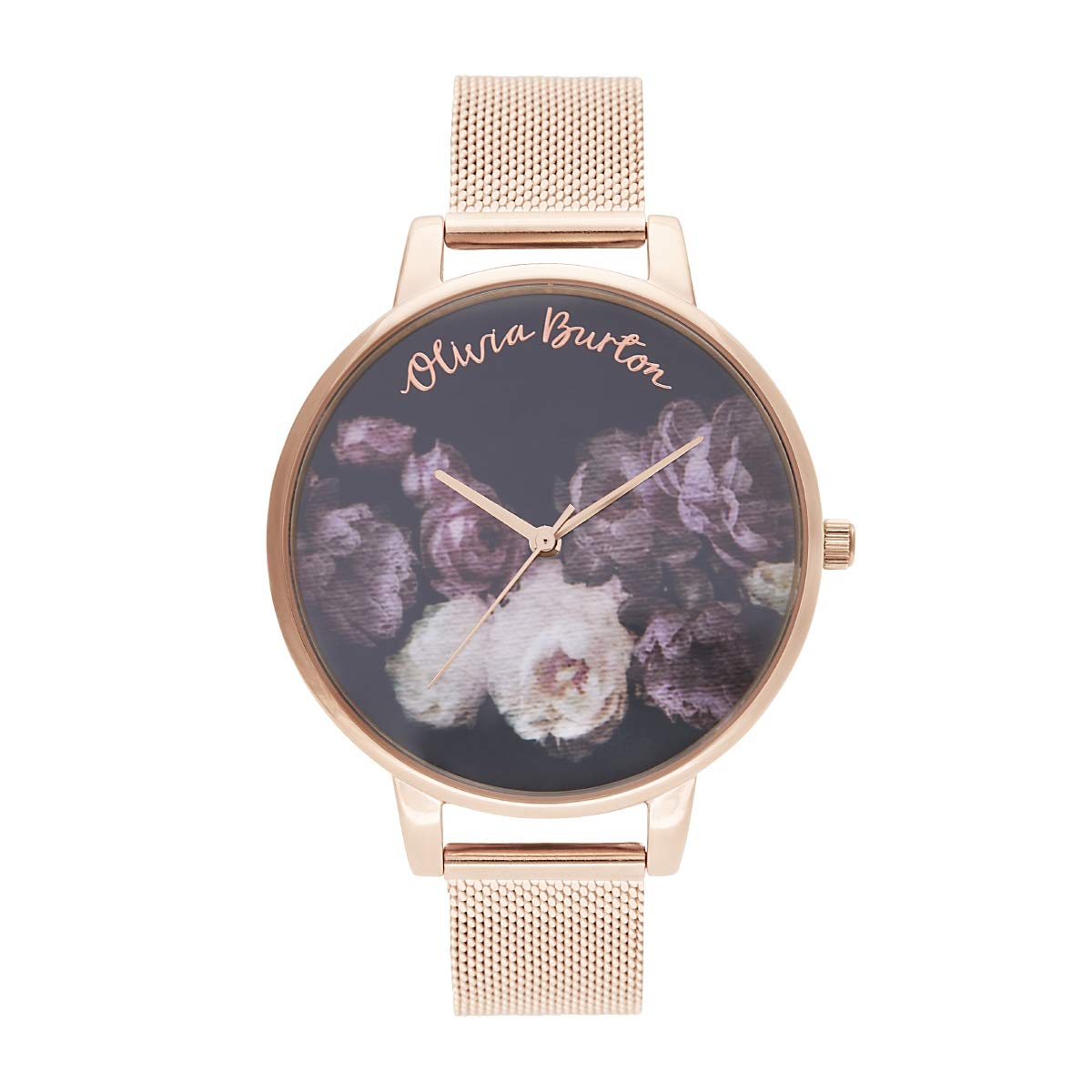 Olivia burton Fine Art Qtz Basic Black & Floral Round Dial Women's Watch|Ionic Plated Rose Gold Steel Material|Gold Color Band - OB16WG22