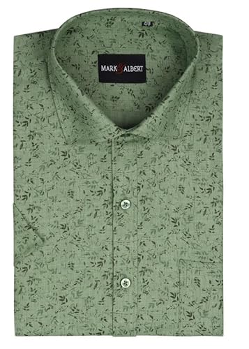 MARK & ALBERT Men's Half Sleeve Printed Linen Slim Fit Shirt Olive