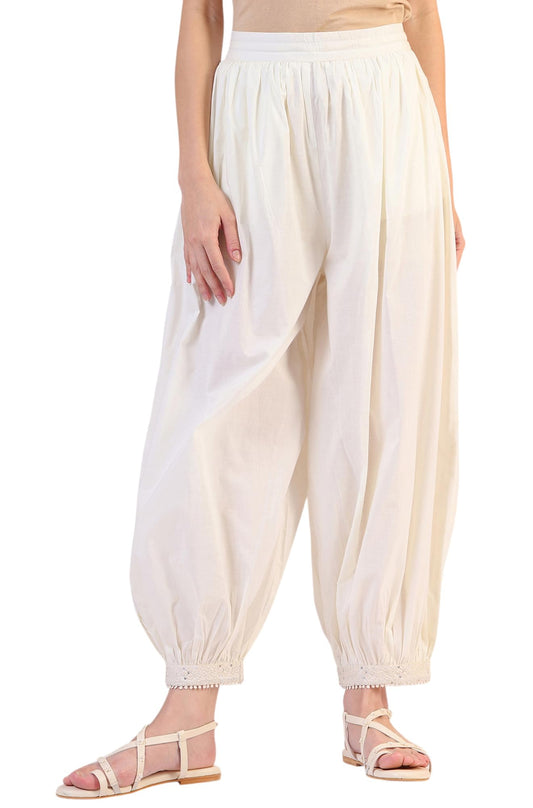 W for Woman Solid Pure Cotton Gathered Salwar (Size: L)-W63150-218090 Ecru