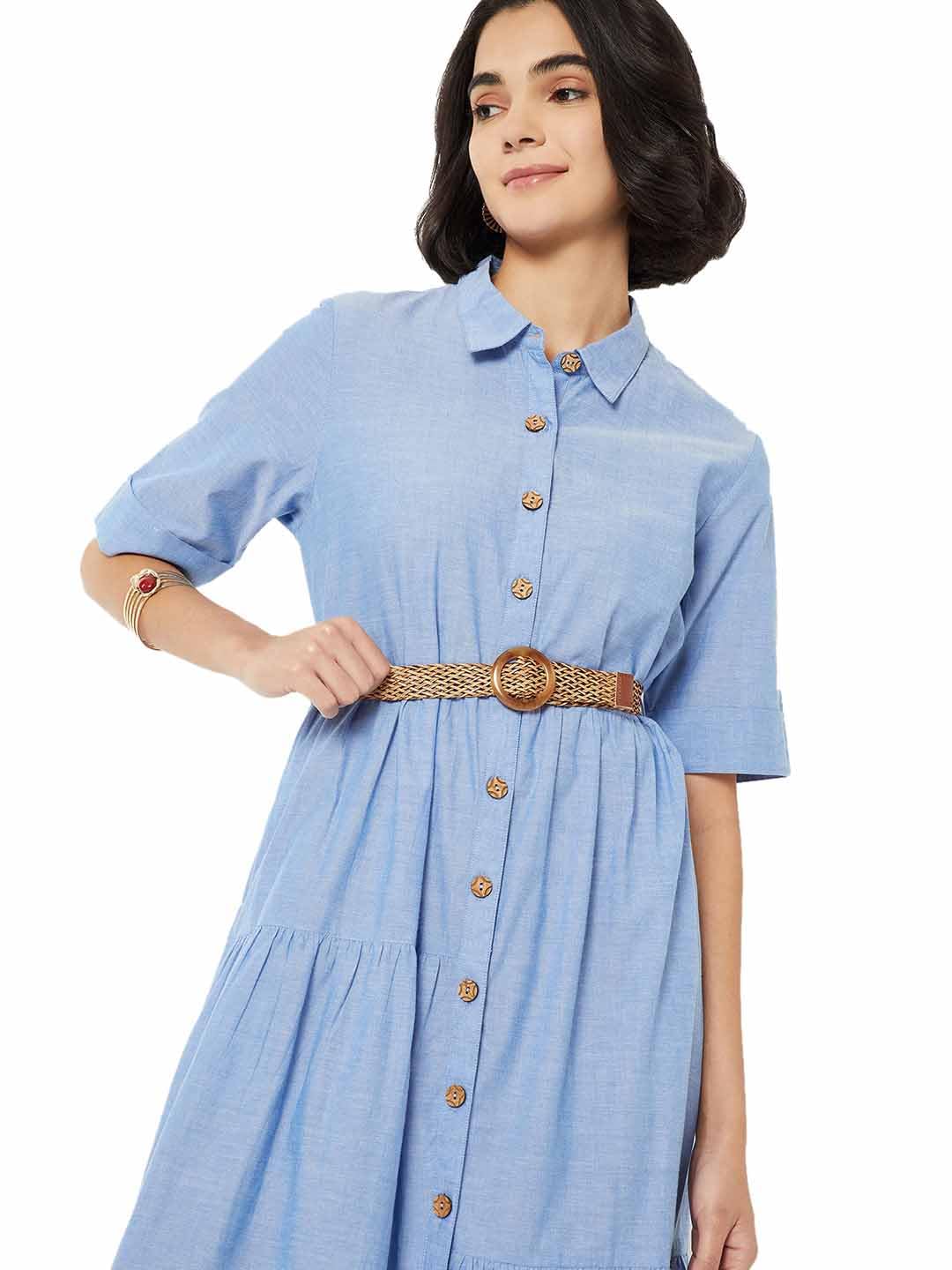 Max Women Solid Shirt Dress with Belt (Blue_L)