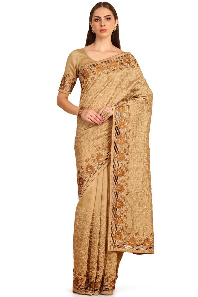 Soch Womens Beige Embroidered Tussar Saree With Cut Work